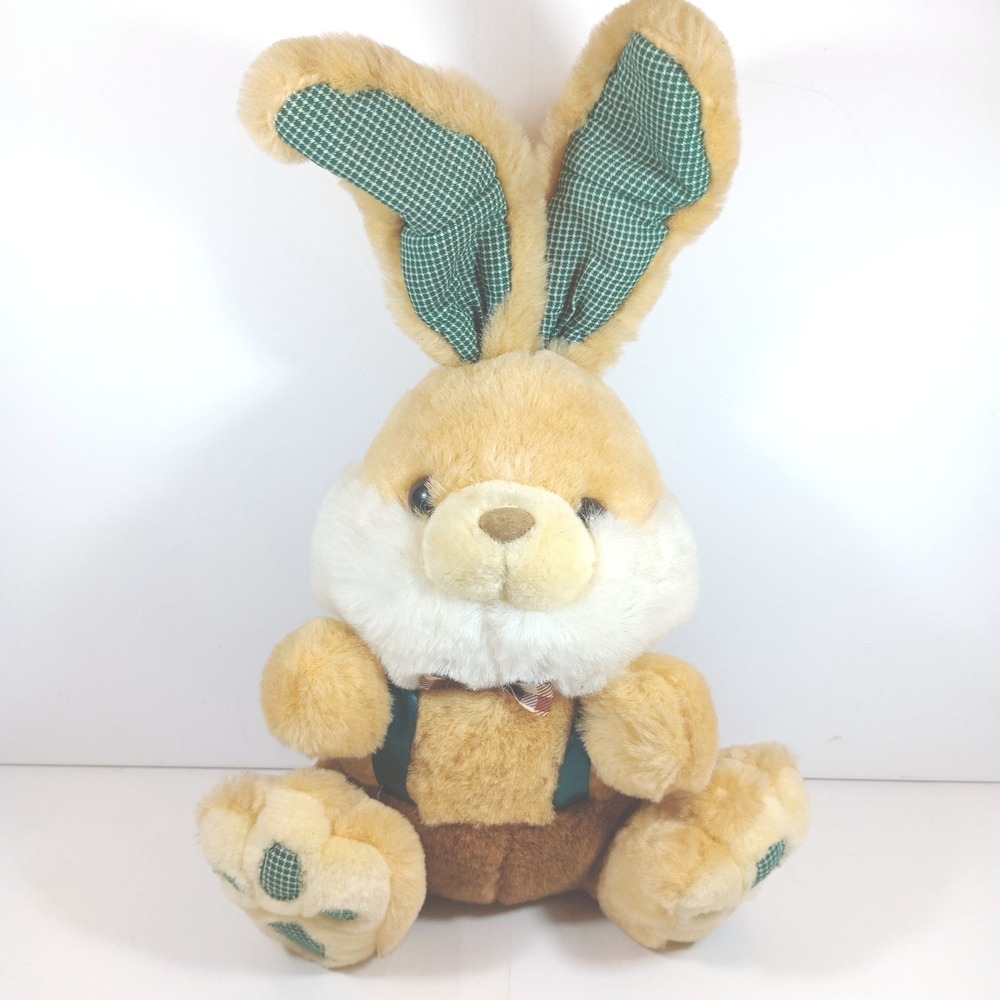 Vintage MTY International Plush Bunny Rabbit Bowtie Suspenders Green Houndstooth